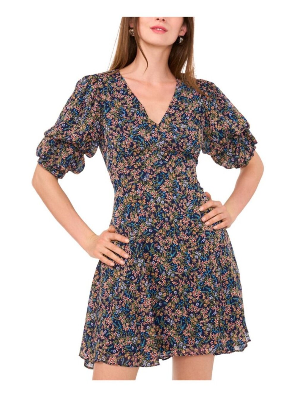 1.STATE Women's Bubble-Sleeve Back-Cutout Floral Mini Dress Navy Size XL $89